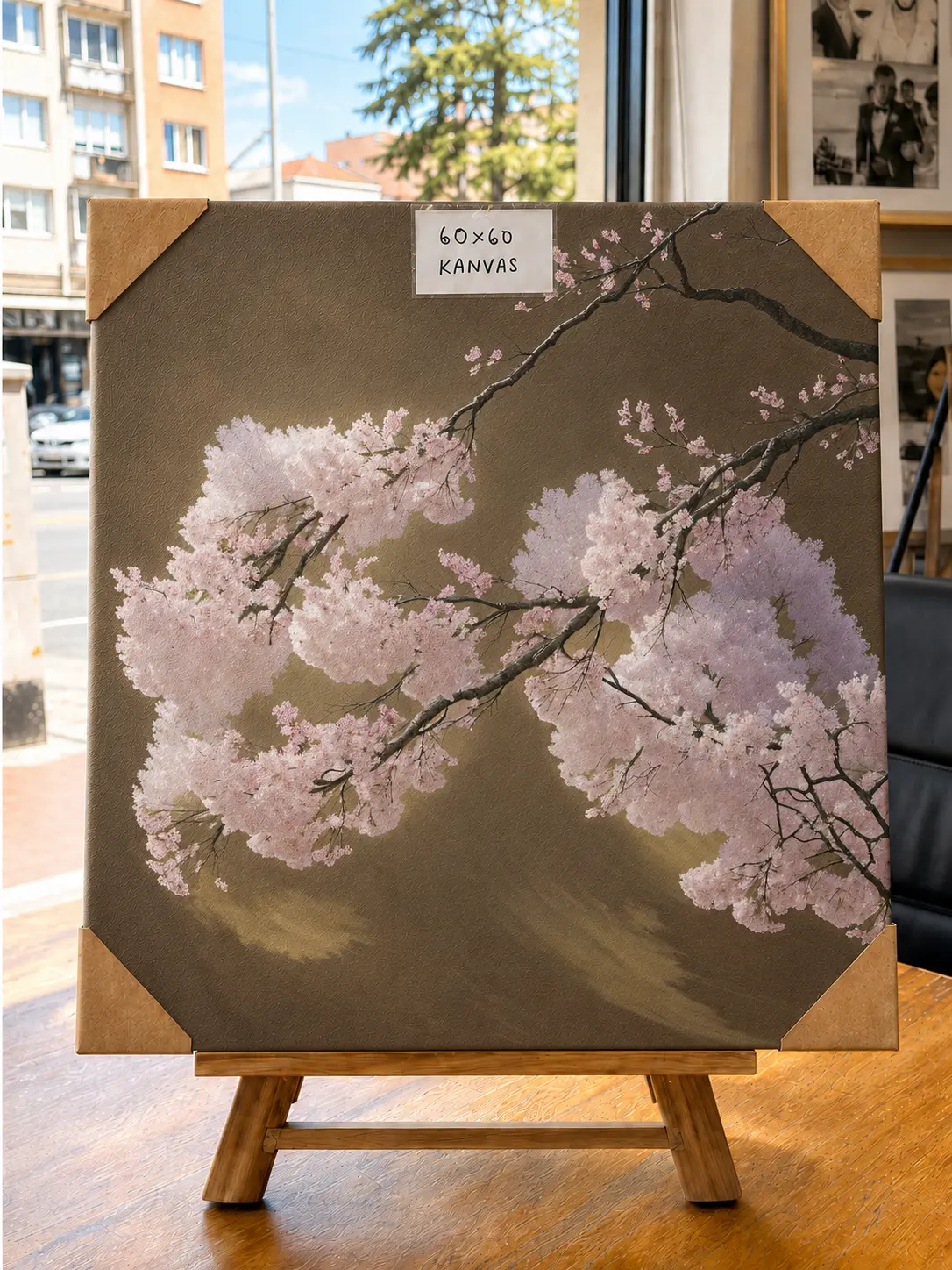 kişiye özel sanat eseri kısık göz kiraz çiçekleri temalı kanvas portre 60x60